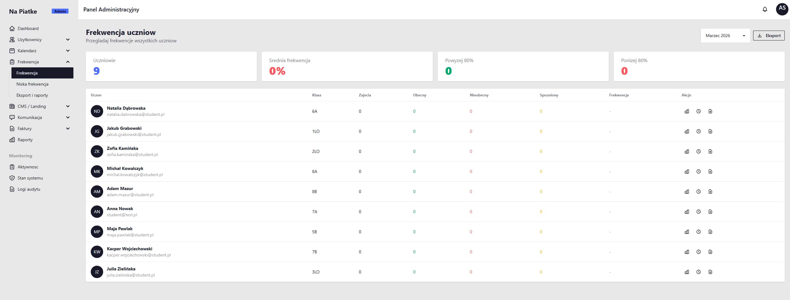 Ekran obecności TutorHub ze statusami per uczeń