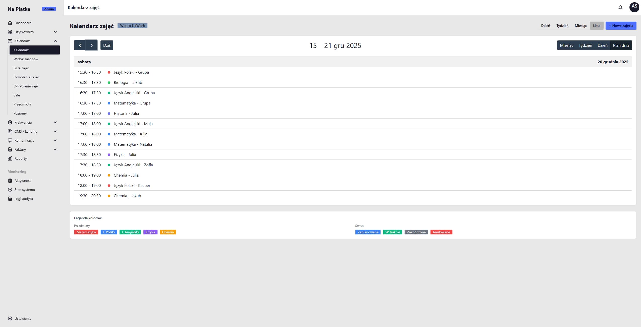 Kalendarz lekcji TutorHub z widokami zasobów korepetytor i sala