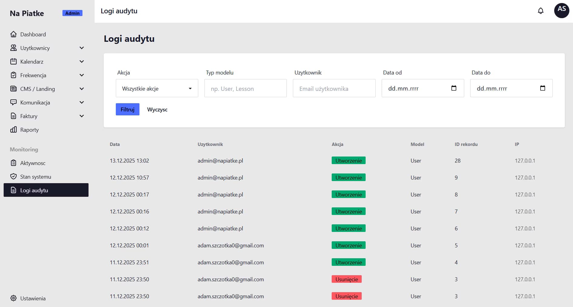 Logi audytowe TutorHub z aktywnością użytkowników i adresami IP