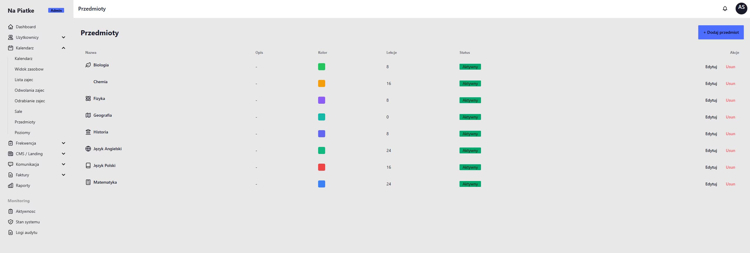 Katalog przedmiotów TutorHub z poziomami nauczania i cennikiem