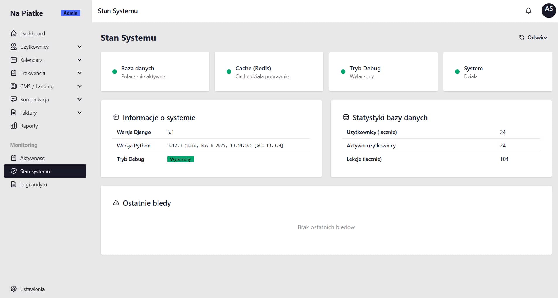 Panel ustawień systemowych TutorHub
